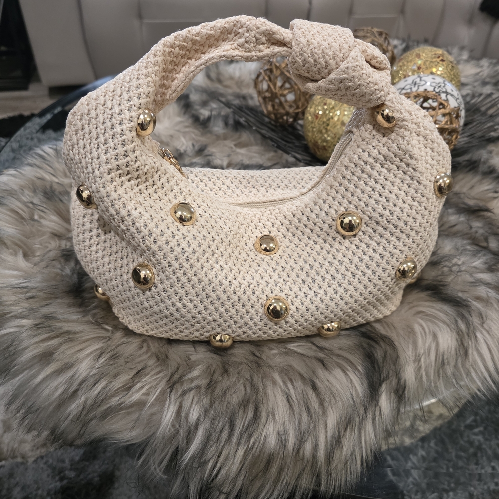 Cream Knitted Stud Hobo Bag - Gold Accent